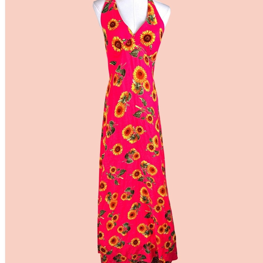 Farm Rio Brazil Sunflower Maxi Dress Sz XS Pink Floral Halter Boho Summer V-Neck - Picture 2 of 14